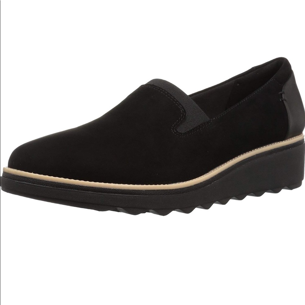 NEW Clarks Suede Black Wedge Loafers